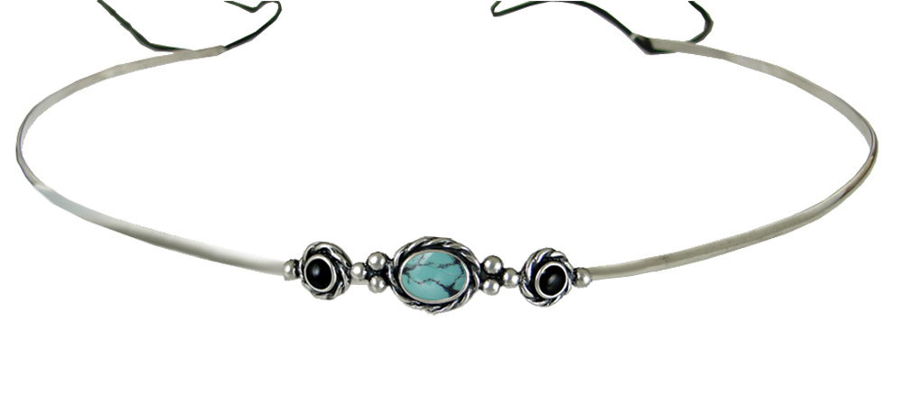 Sterling Silver Renaissance Style Exquisite Headpiece Circlet Tiara With Chinese Turquoise And Black Onyx